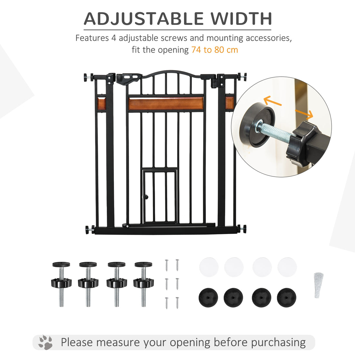 Adjustable black pet gate with mounting hardware for openings 74 to 80 cm wide