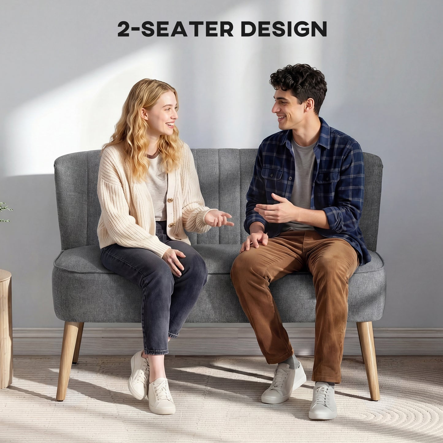 HOMCOM 117cm Loveseat Sofa Upholstered Small 2 Seater Sofa with Thick Padded Seat and Rubber Wood Legs, Grey