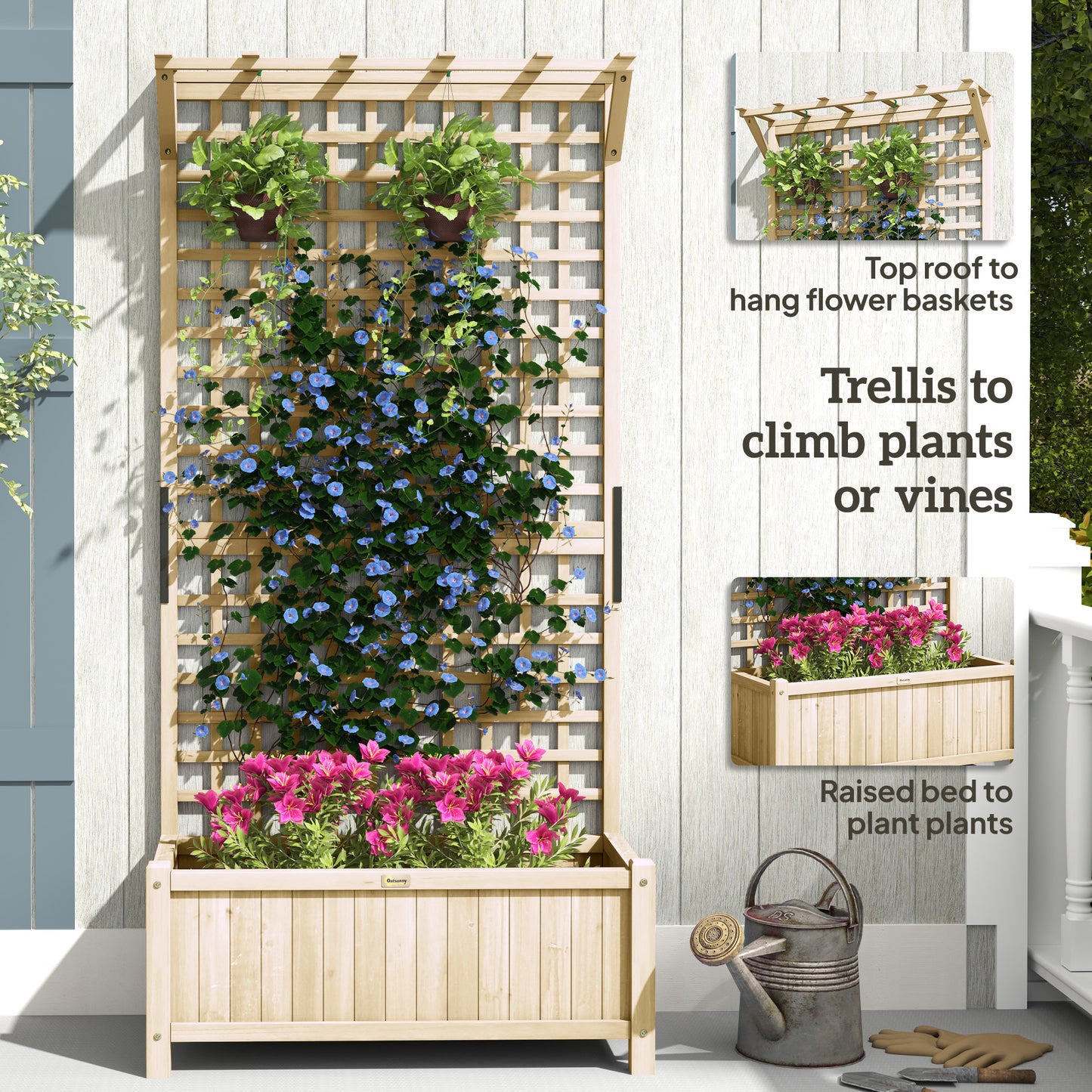 Outsunny Raised Bed & Privacy Screen with Drainage Holes, Wood Planter with Trellis for Climbing Plants to Grow Vegetables, Flowers, Natural