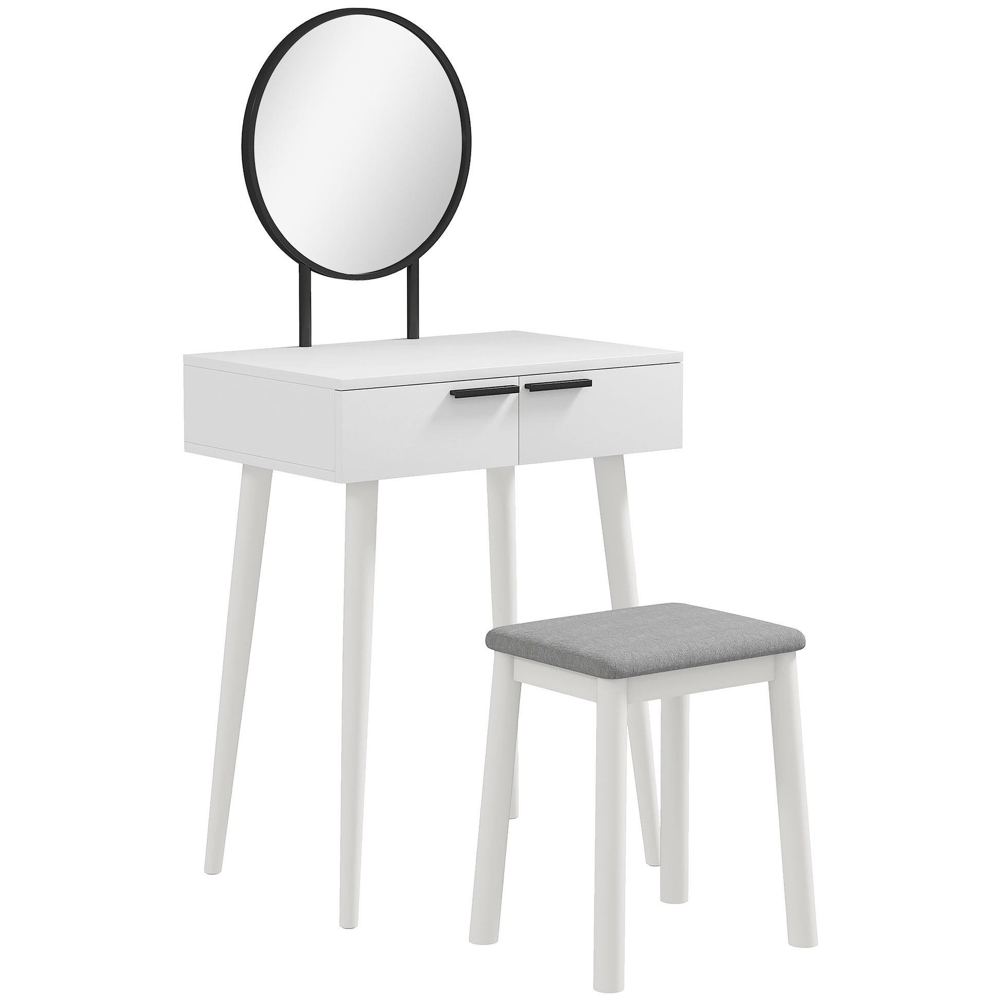 Photo of HOMCOM Modern Dressing Table with Round Mirror and Stool, Makeup Vanity Table with 2 Drawers for Bedroom, Living Room, 60 x 40 x 123 cm, White in White colour on a white background