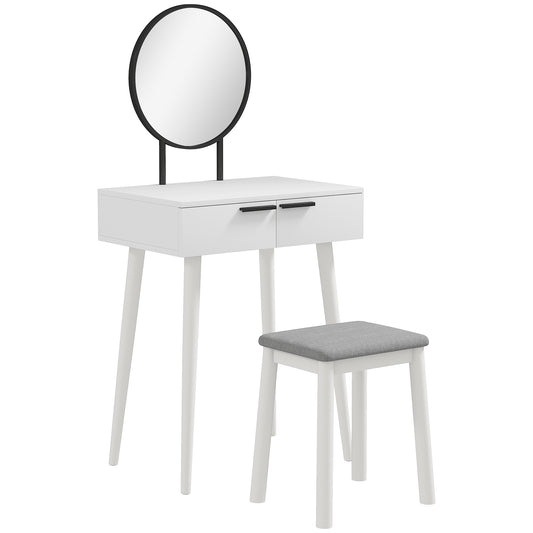 Photo of HOMCOM Modern Dressing Table with Round Mirror and Stool, Makeup Vanity Table with 2 Drawers for Bedroom, Living Room, 60 x 40 x 123 cm, White in White colour on a white background