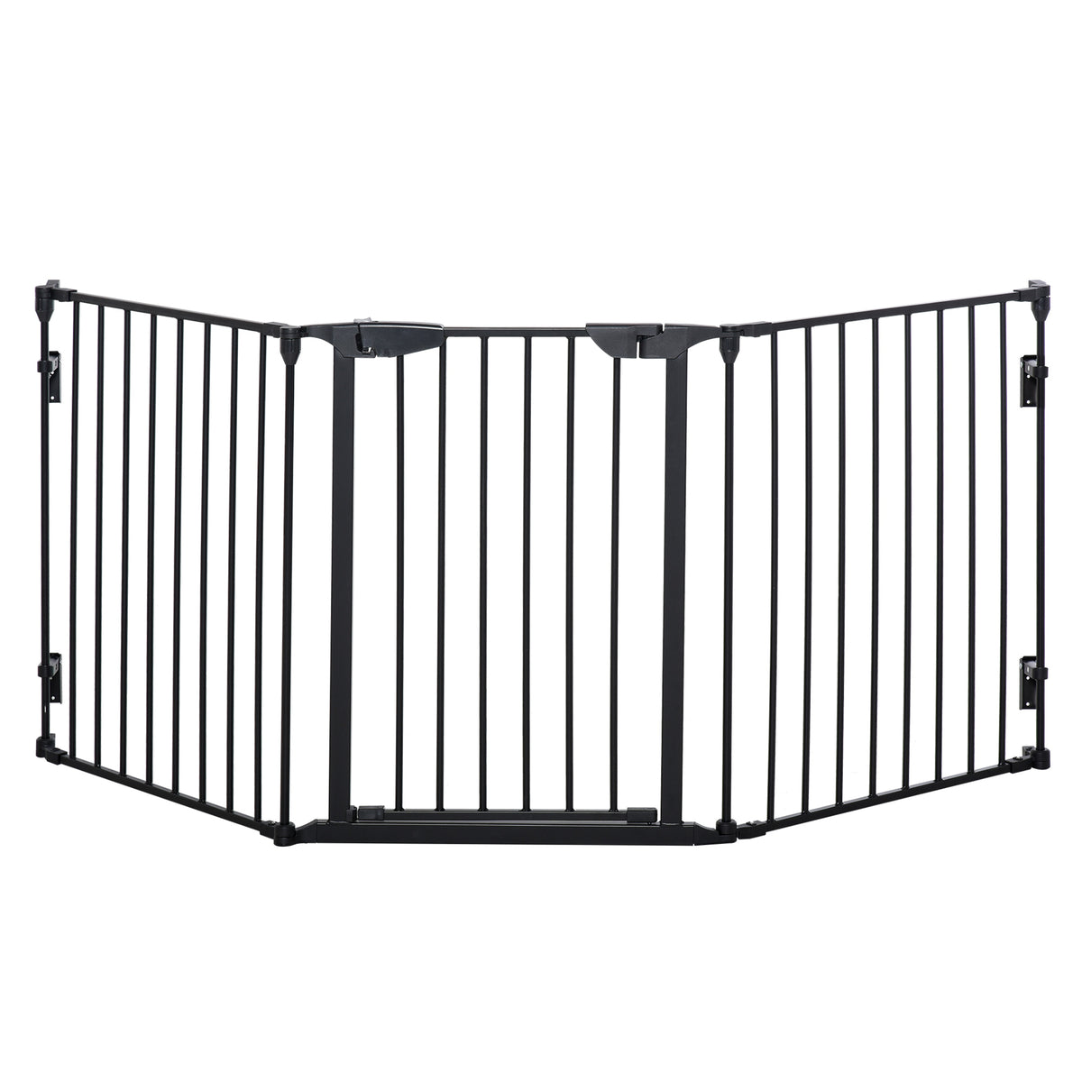 PawHut black metal pet safety gate with three hinged panels and a central door