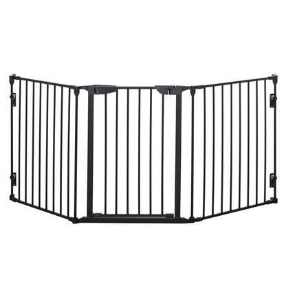 PawHut black metal pet safety gate with three hinged panels and a central door