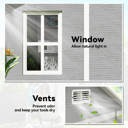 Garden shed details showing a framed window and a louvered ventilation vent