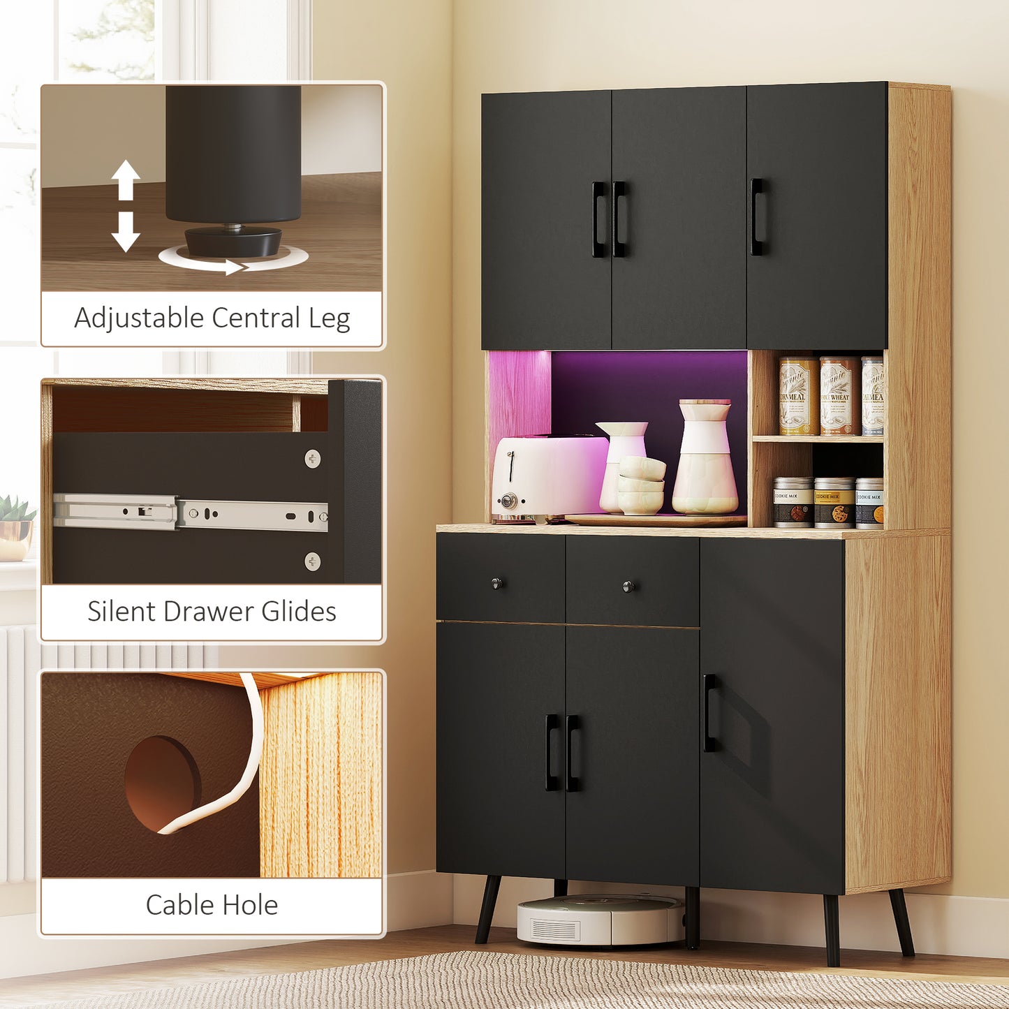 HOMCOM 176 cm Kitchen Cupboard with LED Lights - Oak and Black