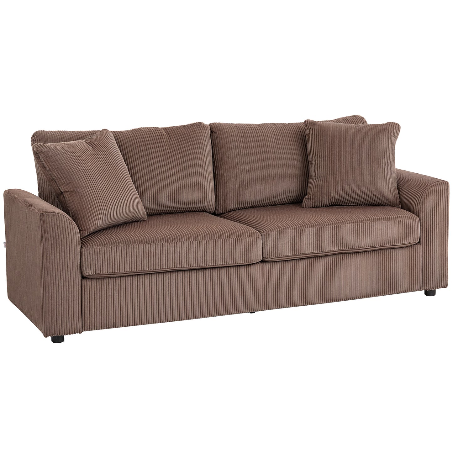 Photo of HOMCOM Modern 3 Seater Sofa with Spring Cushion, 212 cm Fabric Jumbo Cord Sofa Couch with 2 Scatter Cushions, Upholstered Corduroy Settee for Living Room, Bedroom, Home Office, Coffee in Coffee colour on a white background