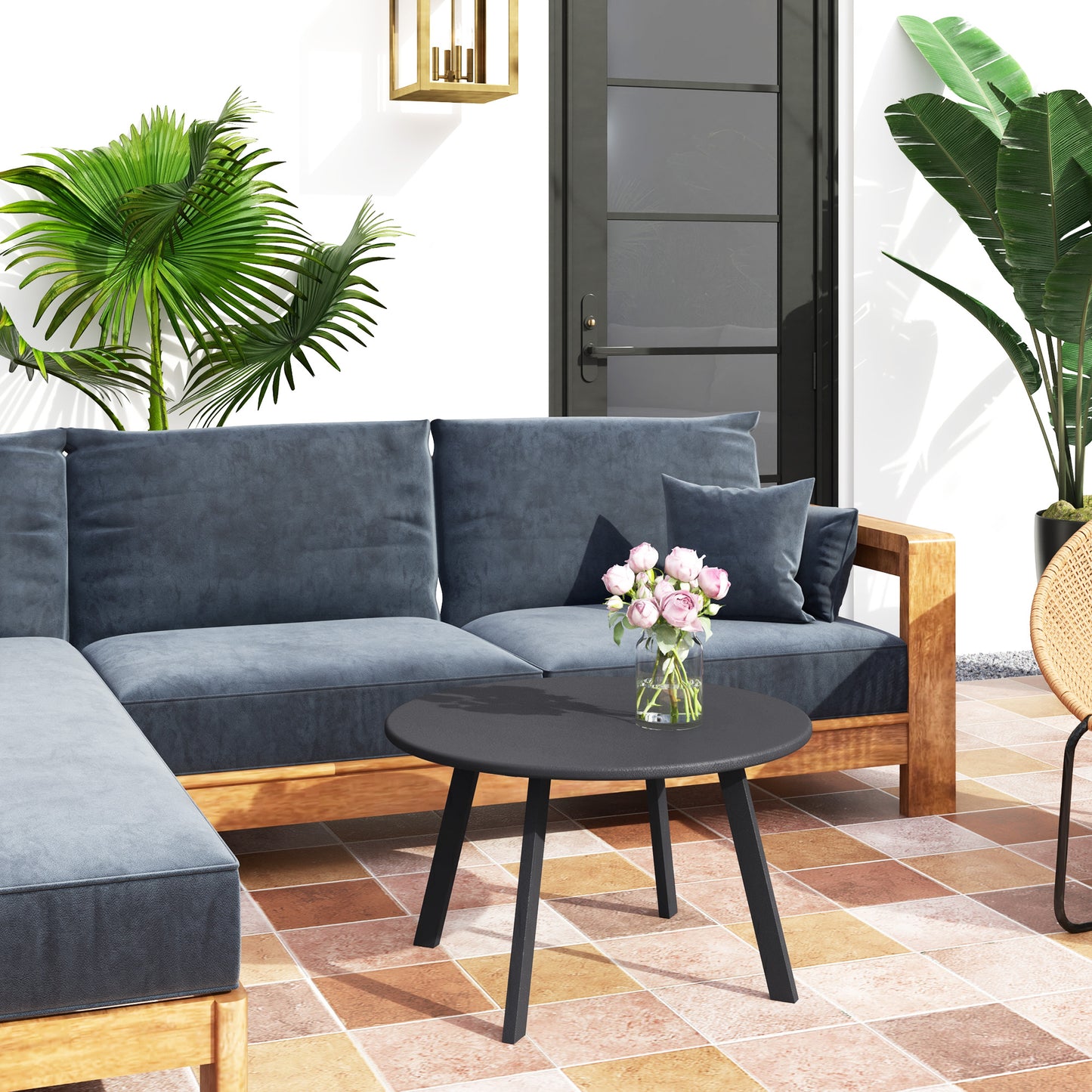Outsunny 70cm Round Coffee Table, Outdoor Garden Table with Non-Slip Foot Pads and Metal Frame for Garden, Terrace, Balcony, Living Room, Charcoal Grey