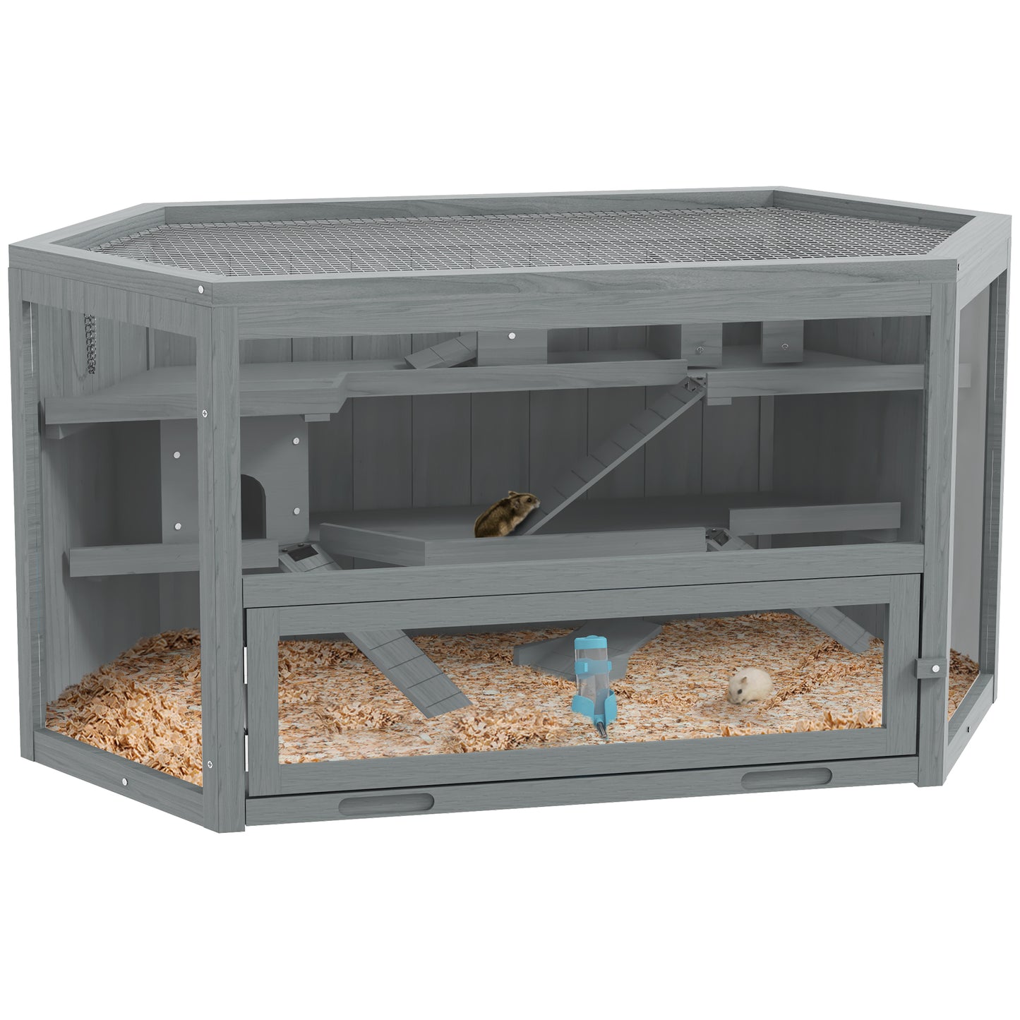 Photo of PawHut 3 Tier Wooden Large Hamster Cage with Sliding Tray, Seesaws, Water Bottle, Grey in Grey colour on a white background