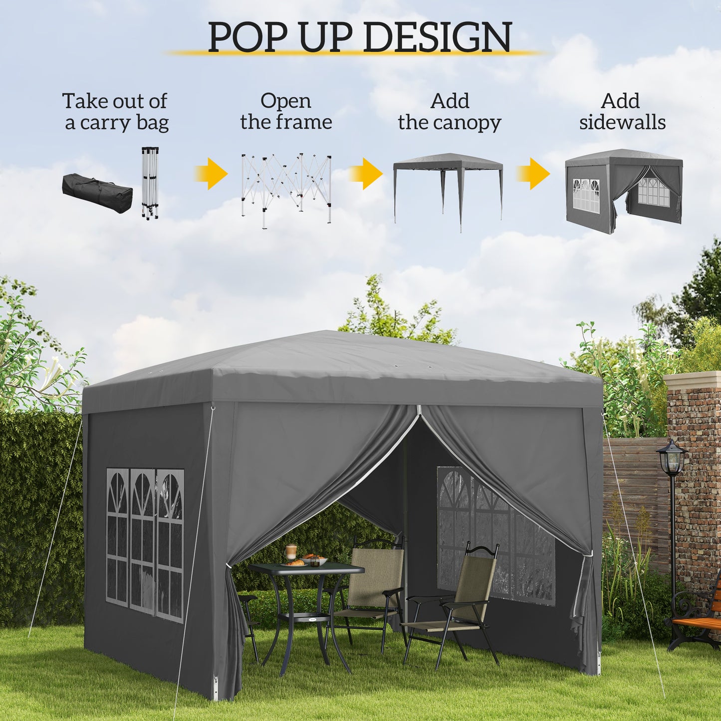 Outsunny 3x3(m) Pop-Up Gazebo, with Curtain Walls and Windows, Grey