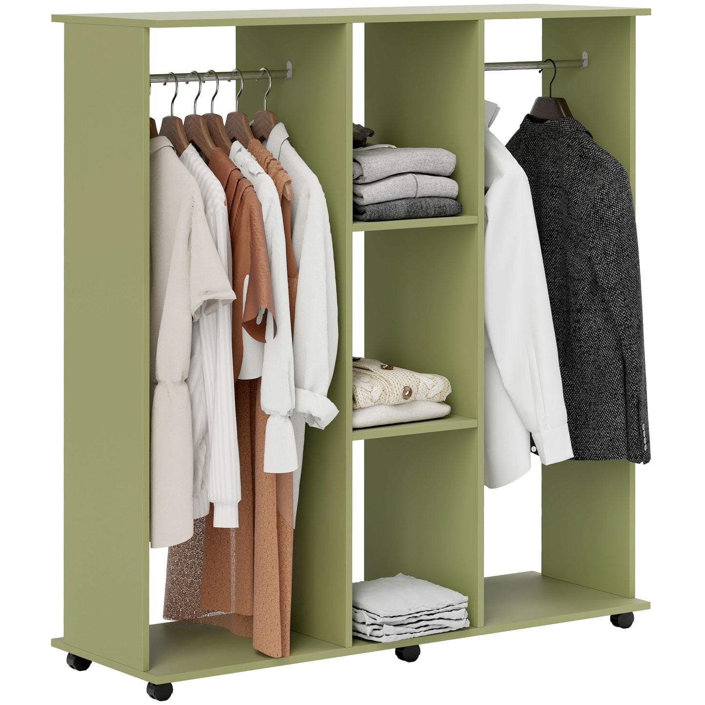 Photo of HOMCOM Open Wardrobe Double Mobile Storage Shelves Organizer W/6 Wheels-Green in Wheels-Green colour on a white background