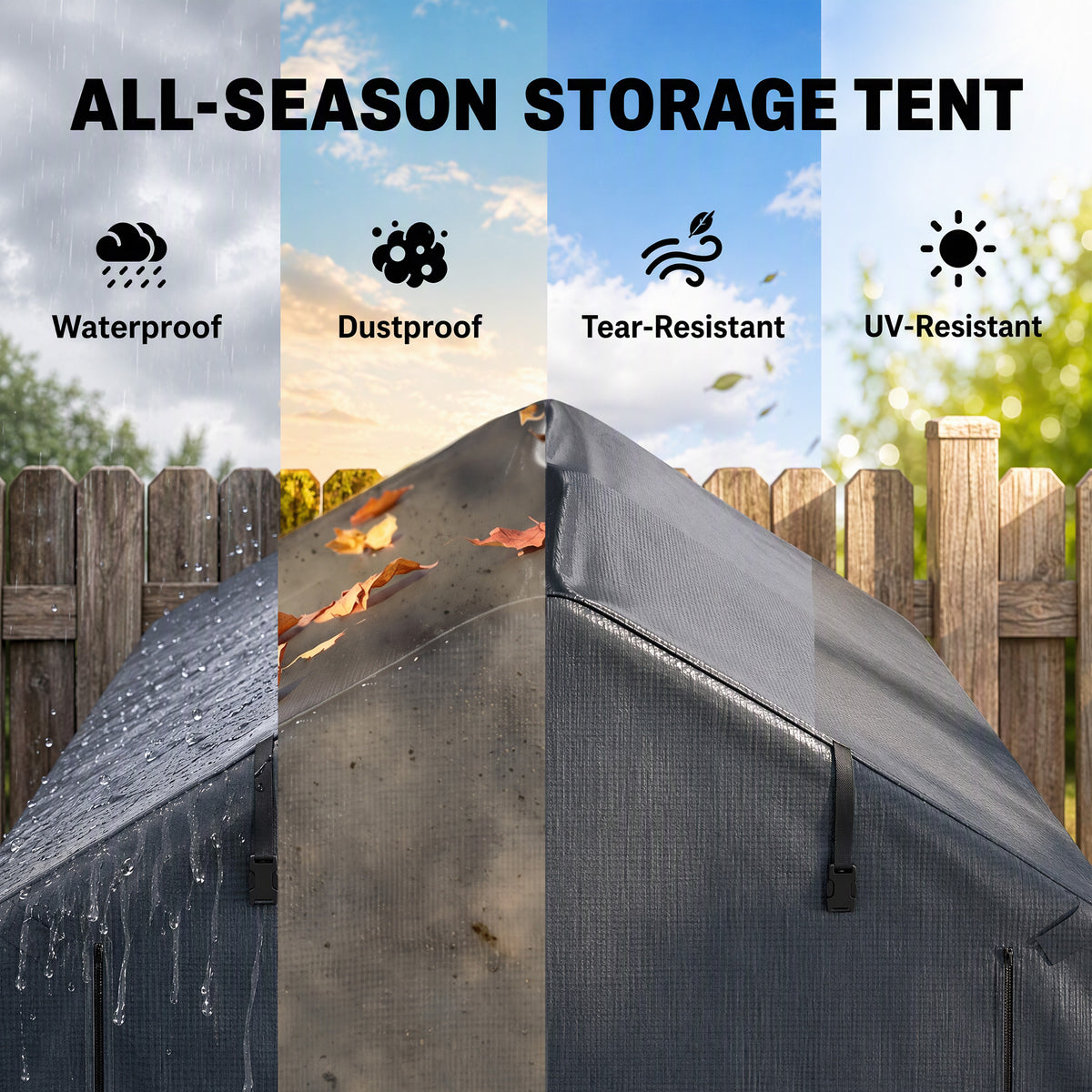 Close-up of black storage tent fabric demonstrating weather-resistant coverage