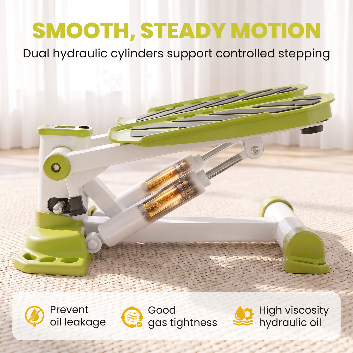 Yellow mini stepper with dual hydraulic cylinders and non-slip pedals