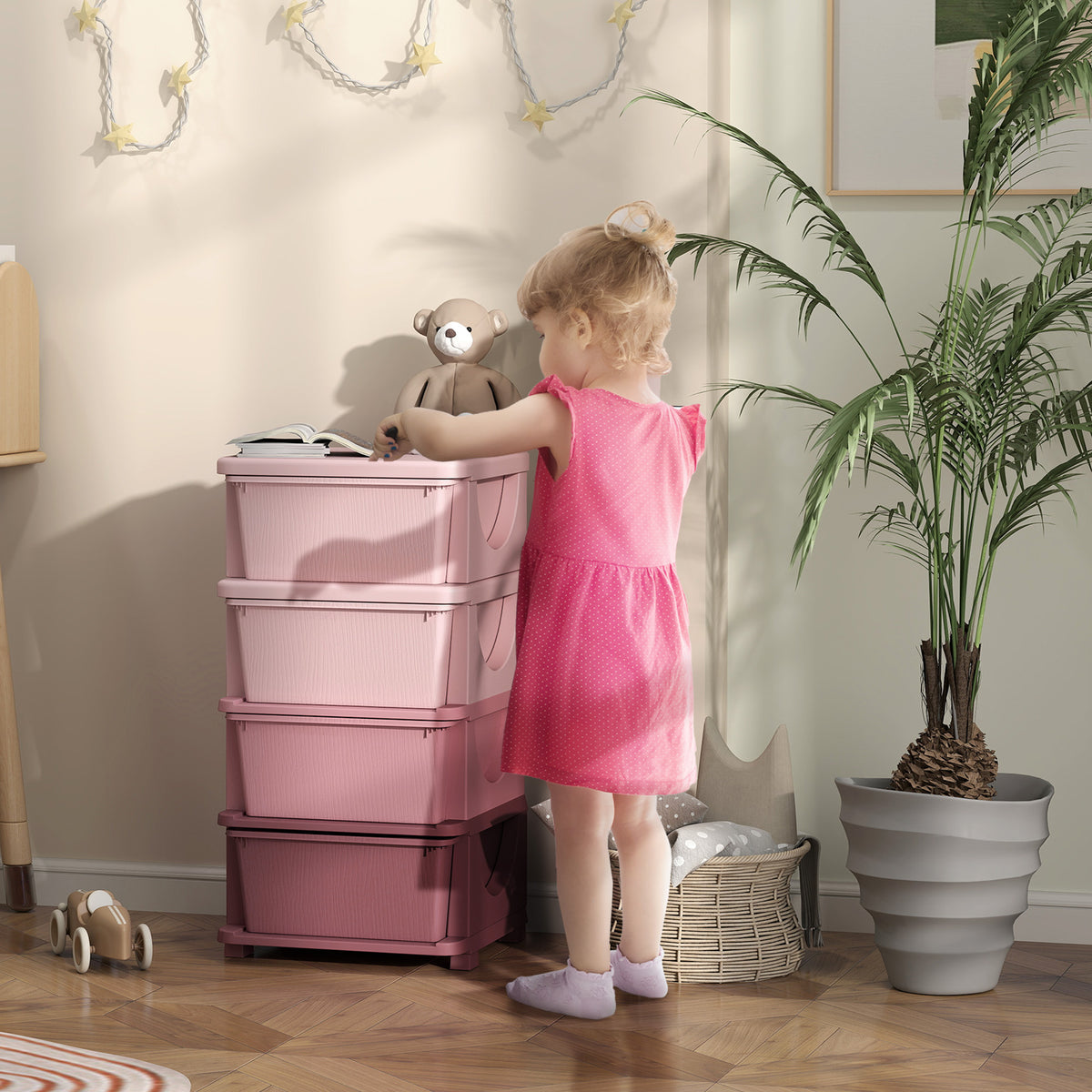 HOMCOM Four-Tier Kids Storage Boxes, with Four Drawers, Pink