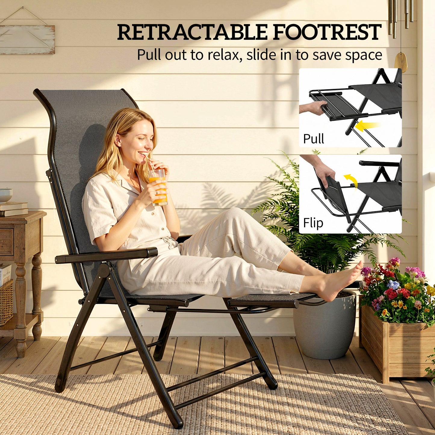 Outsunny Reclining Garden Chairs Set of 2 with High Back, Retractable Footrest, Dark Grey
