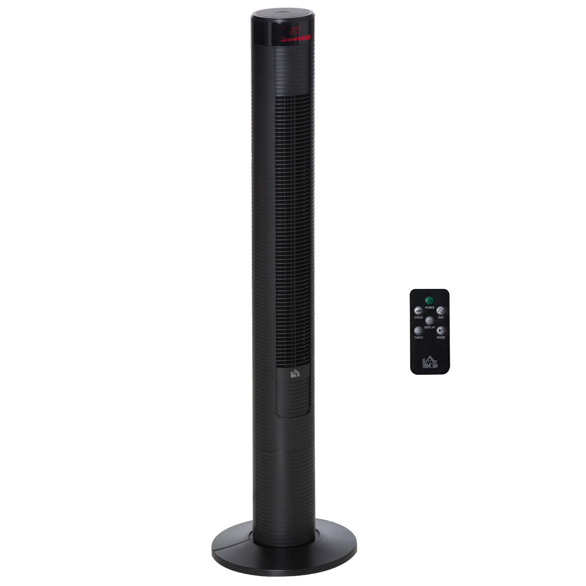 Photo of HOMCOM 46" Oscillating Tower Fan with Remote Control, 12H Timer, 3 Speed, 4 Modes, Quiet Cooling Fans, Electric Floor Standing Fan for Home Bedroom Office, Black in Black colour on a white background