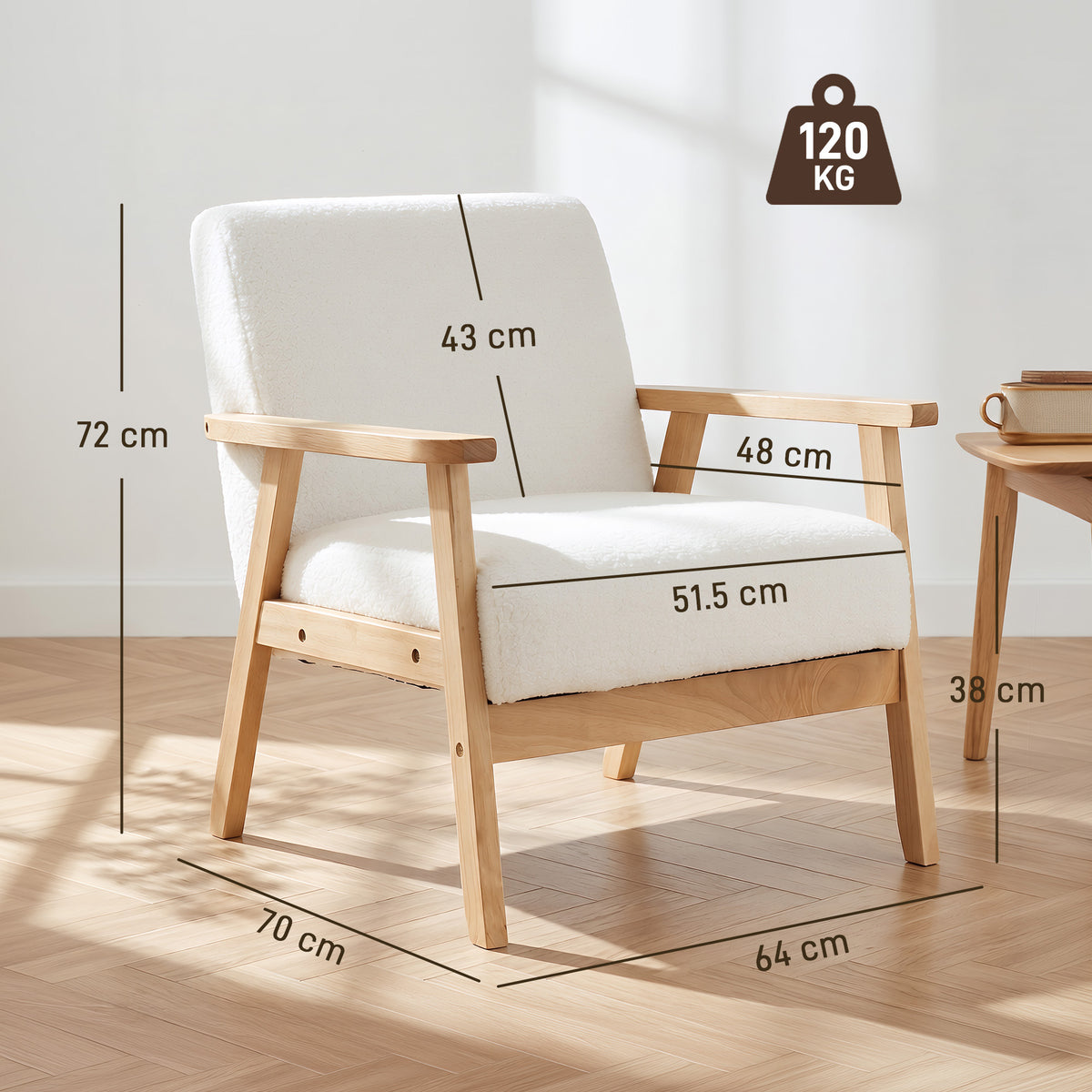 HOMCOM Modern Armchair, Sherpa Fleece Upholstered Accent Chair with Solid Wood Legs and Wide Seat, Cream White