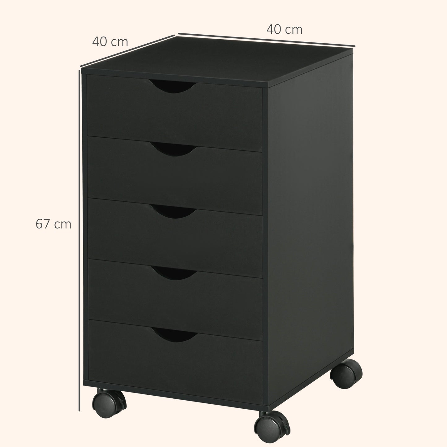 HOMCOM 5 Drawer Mobile Filing Cabinet, Vertical File Cabinet, Modern Rolling Office Storage Organizer Cupboard, Black