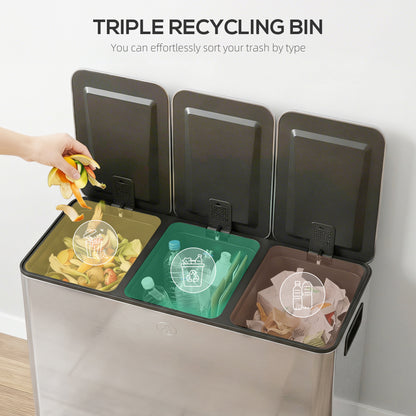 Triple recycling bin with open lids and three color-coded inner compartments
