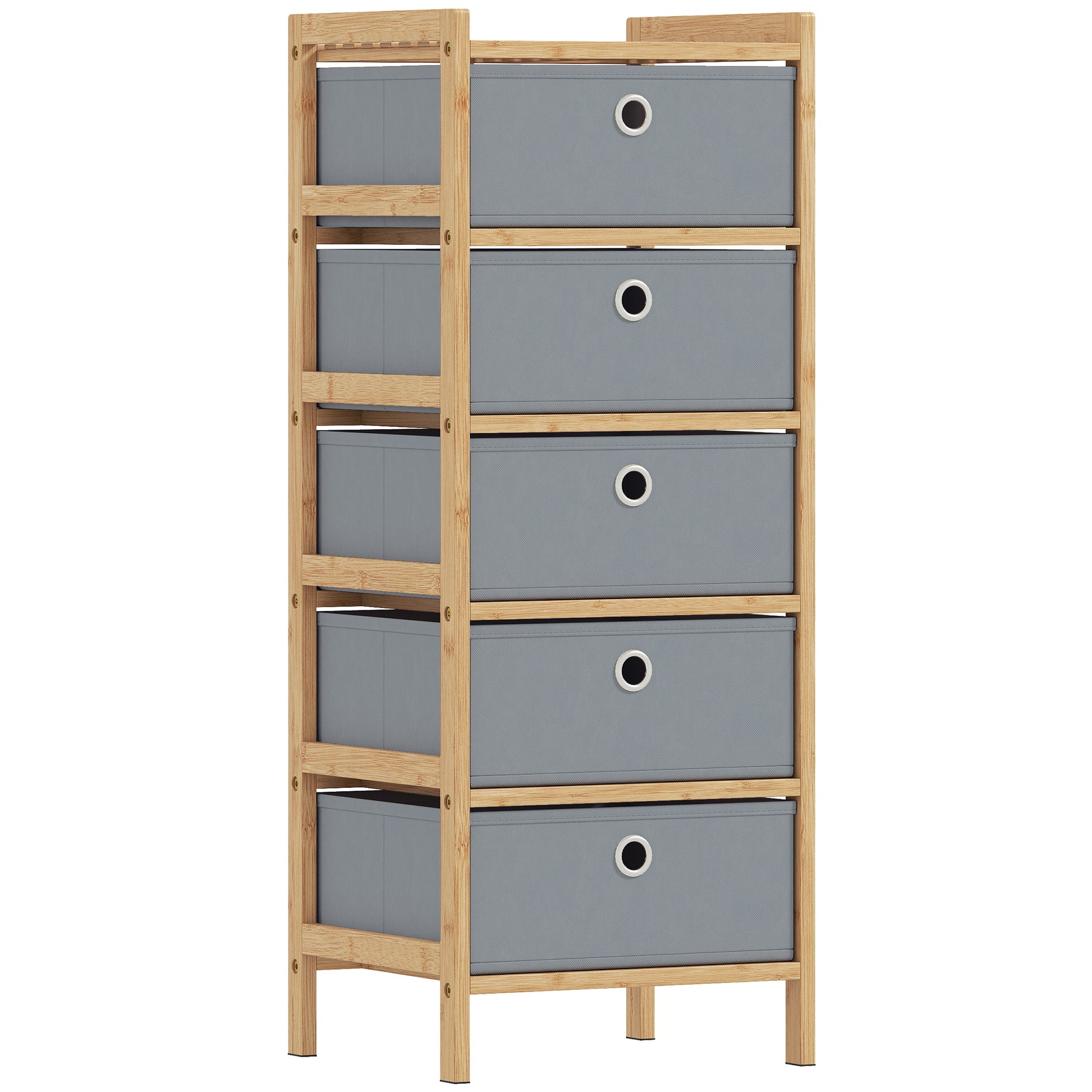 Photo of HOMCOM Chest of Drawers, 5 Fabric Drawers Narrow Dresser with Bamboo Frame, Light Grey in Grey colour on a white background