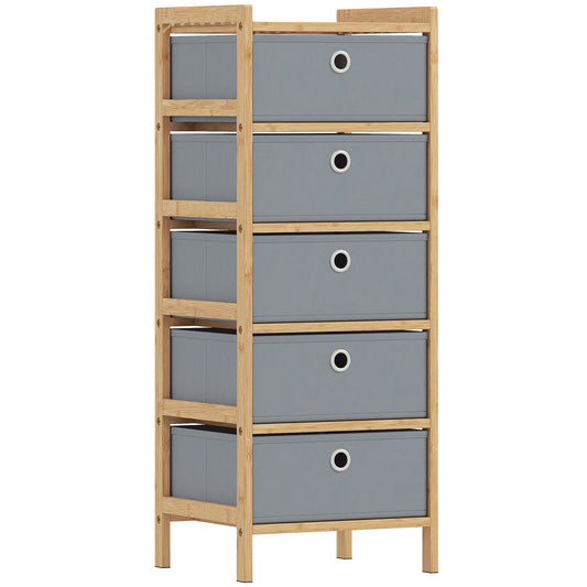 Photo of HOMCOM Chest of Drawers, 5 Fabric Drawers Narrow Dresser with Bamboo Frame, Light Grey in Grey colour on a white background