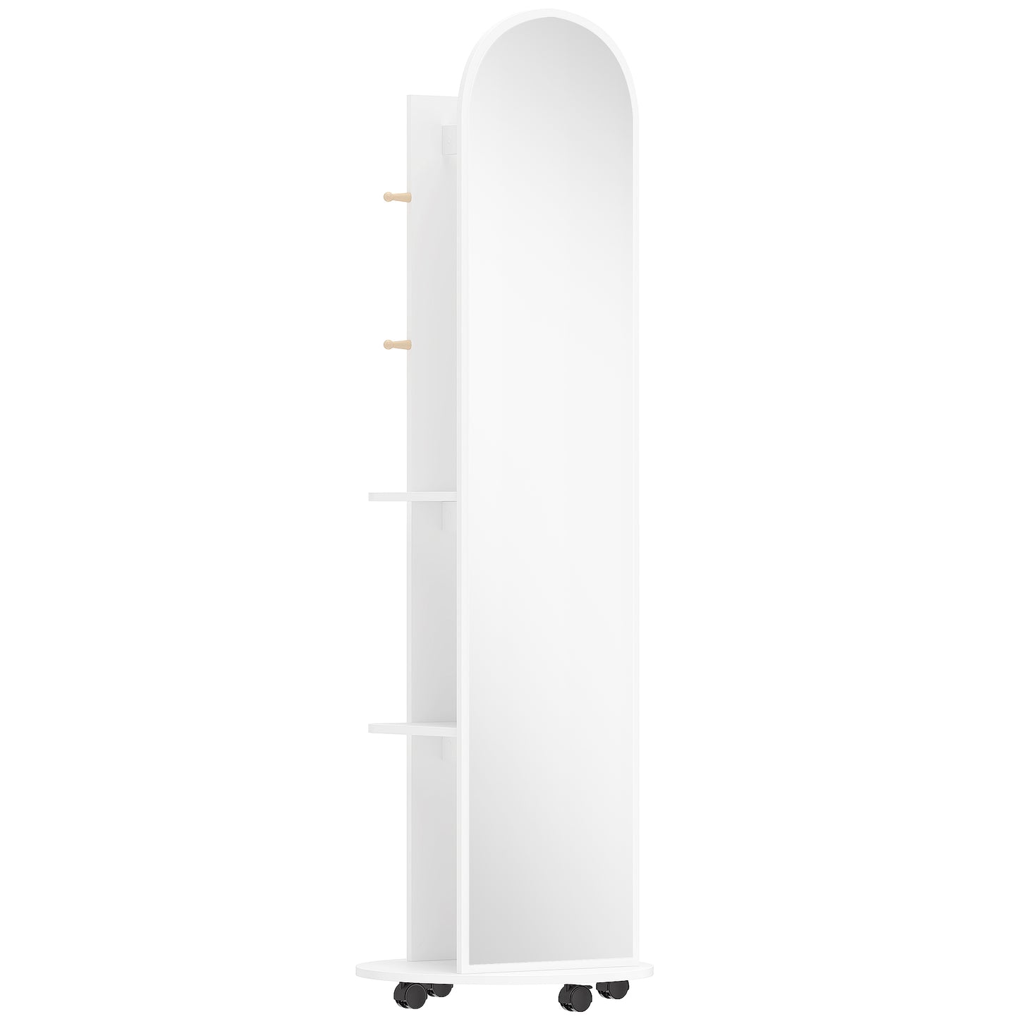 Photo of HOMCOM 2-in-1 Full Length Mirror with Storage Shelves, Floor Mirror with 4 Wheels, Coat Rack, Hooks, White in White colour on a white background