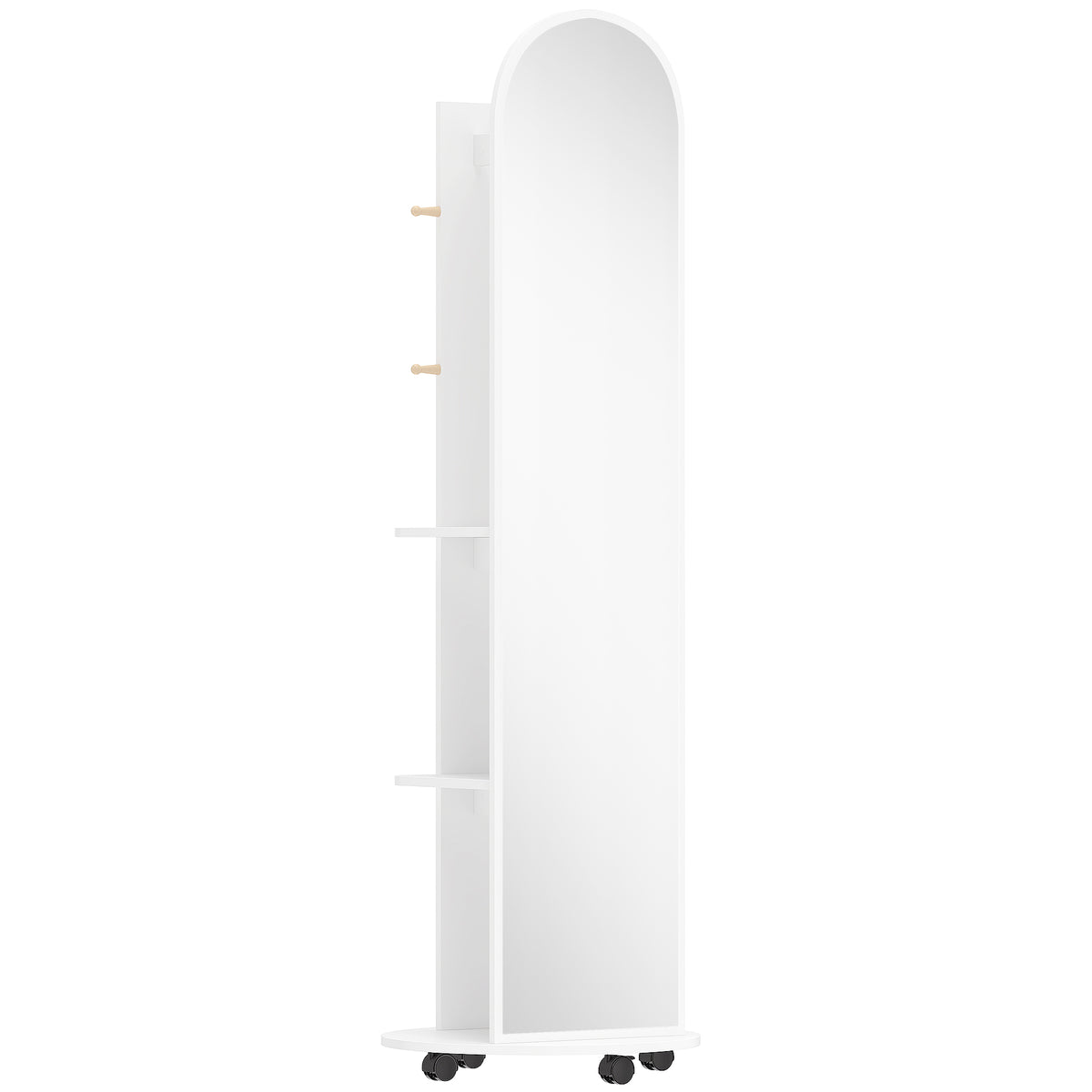 Photo of HOMCOM 2-in-1 Full Length Mirror with Storage Shelves, Floor Mirror with 4 Wheels, Coat Rack, Hooks, White in White colour on a white background