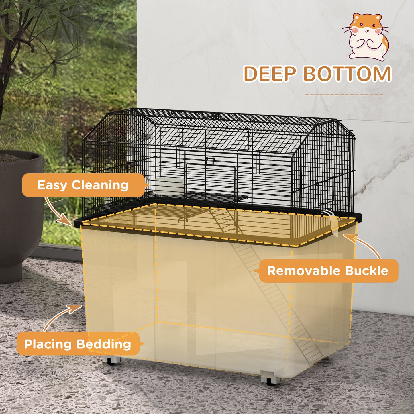 PawHut Two-Tier Gerbil Cage, Hamster Cage for Dwarf Hamster w/ Wheels, Deep Bottom, Food Dish, Water Bottle