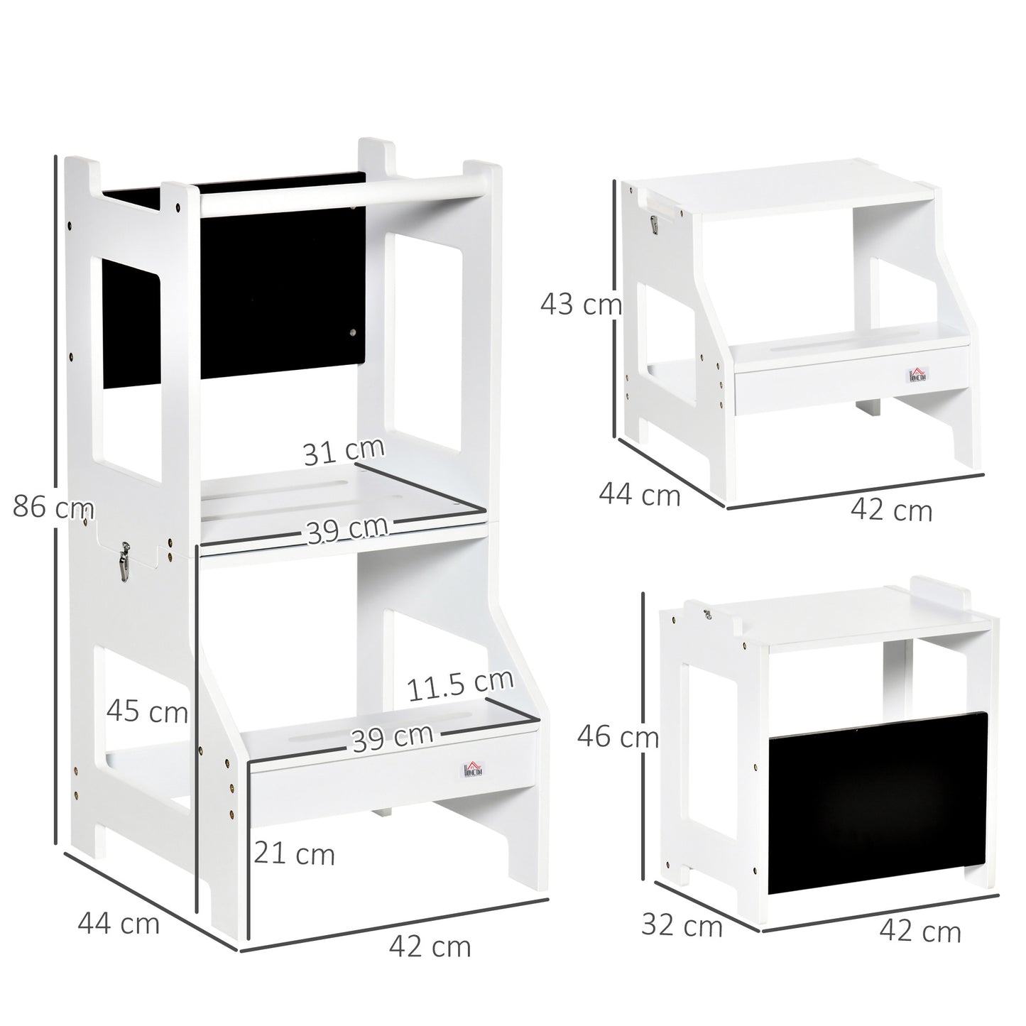 HOMCOM Toddler Step Stool for Kids, 2 in 1 Foldable Step Stool with Security Rail and Chalkboard for Kitchen Bathroom, White