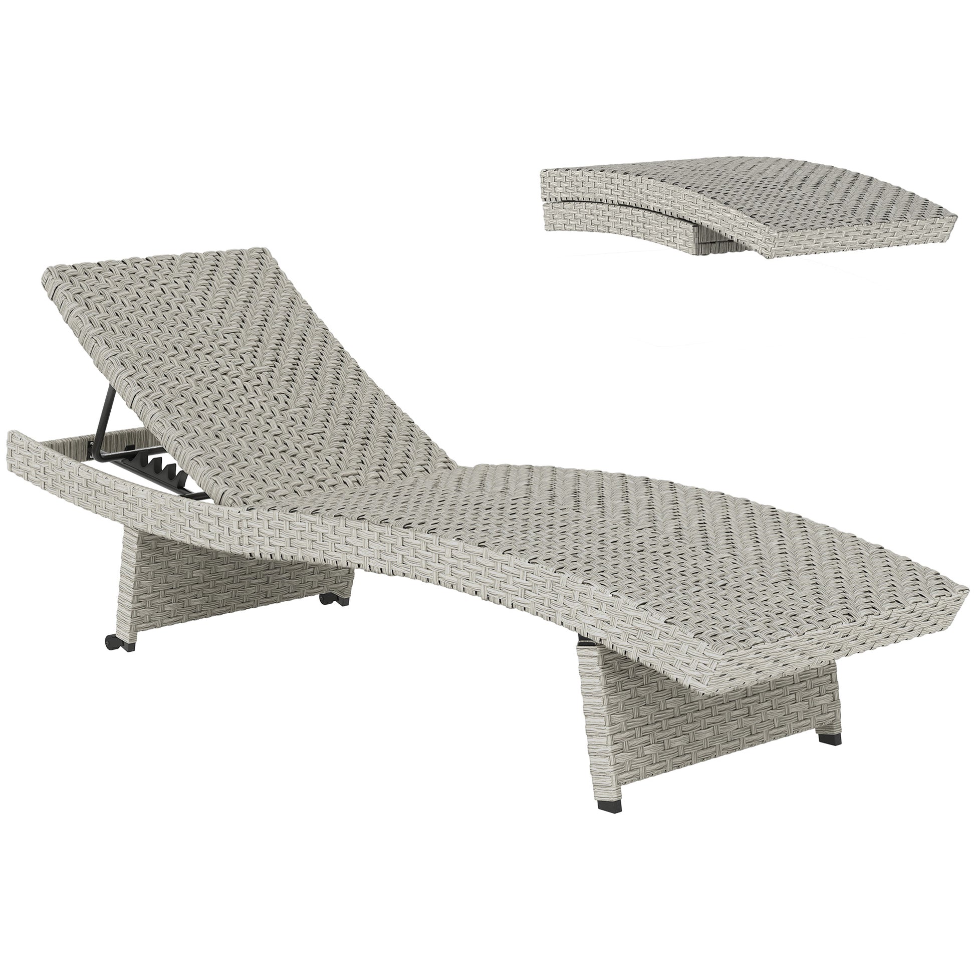 Photo of Outsunny Outdoor PE Rattan Sun Lounger, Folding Wicker Garden Lounger Recliner with 4-Level Adjustable Backrest, Rolling Sunbed Lounge Chair with Wheels, Non-Slip Legs for Balcony, Beach, Grey in Grey colour on a white background
