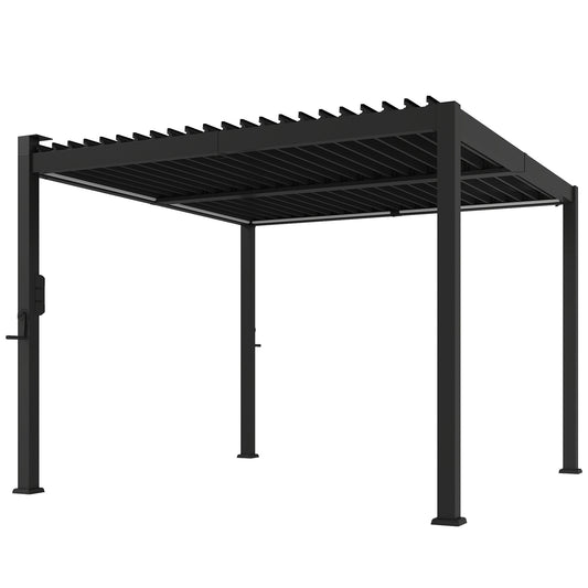 Photo of Outsunny 3 x 3 m Louvered Pergola with Solar LED lights, Metal Roof, Patio Gazebo Pergola Canopy with Drainage Gutters, Black in Black colour on a white background