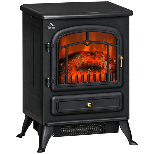Photo of HOMCOM Freestanding Electric Fireplace Indoor Heater Glass View Log Wood Burning Effect Flame Portable Fireplace Stove 1000/2000W Black in Black colour on a white background