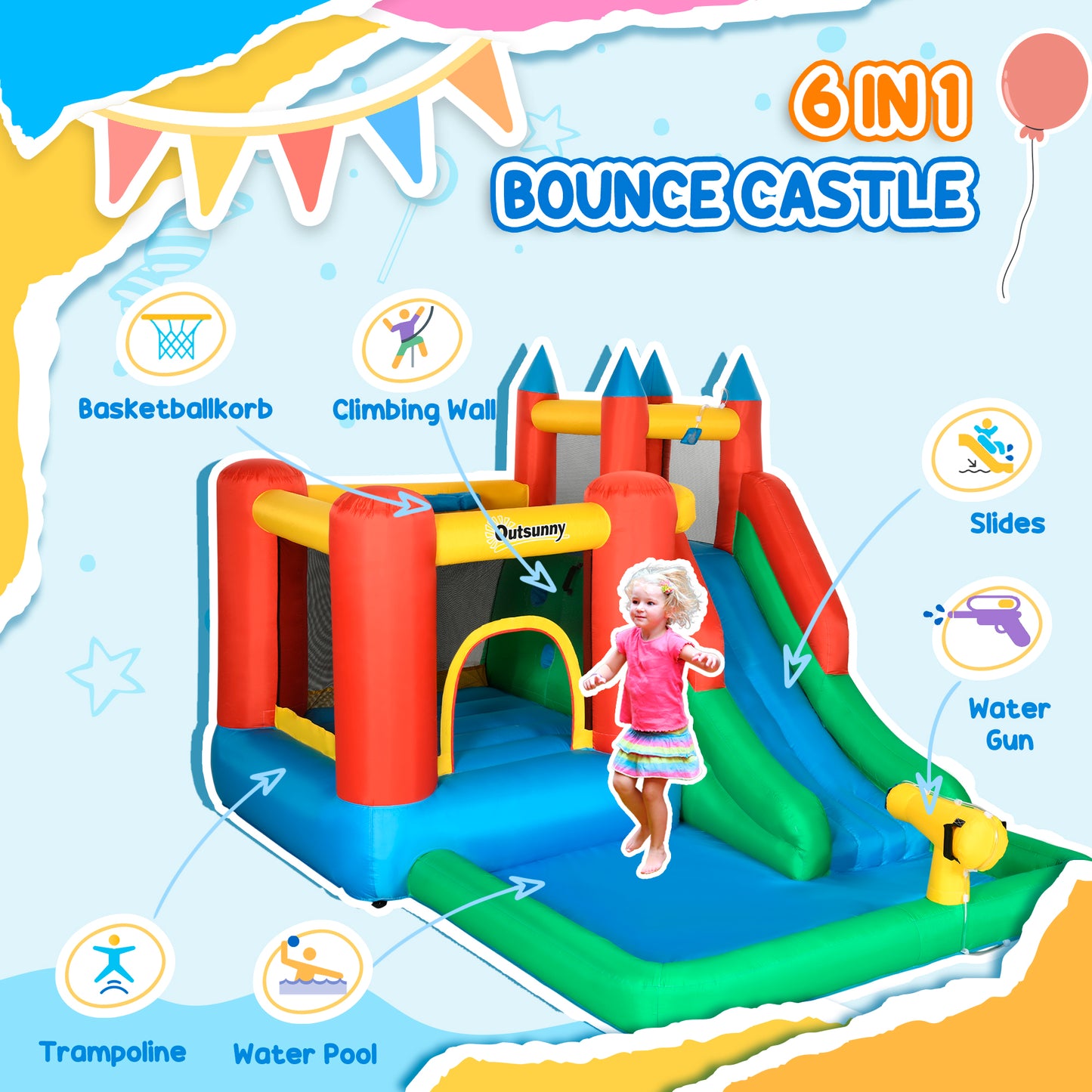 Outsunny Kids Inflatable Bouncy Castle Water Slide 5 in 1 Bounce House Jumping Castle Water Pool Gun Climbing Wall with Air Blower for Summer Playland