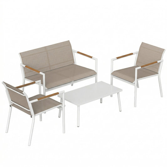 Photo of Outsunny 4 Seater Garden Furniture Set with Loveseat, Armchairs, Table, Metal Garden Sofa Set with Breathable Seats, Khaki in Khaki colour on a white background