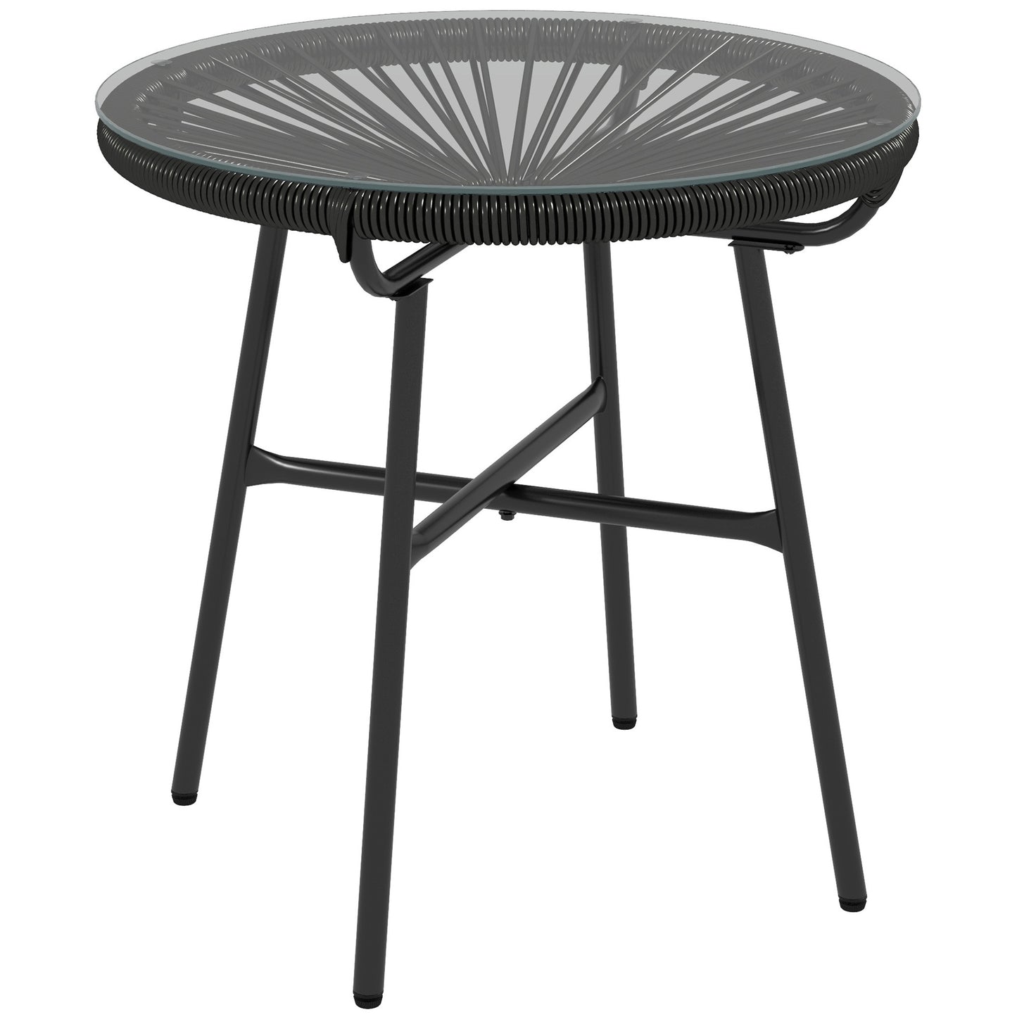 Photo of Outsunny Rattan Side Table, Round Outdoor Coffee Table, with Round PE Rattan and Tempered Glass Tabletop for Patio, Garden, Balcony, Black in Black colour on a white background