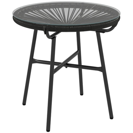 Photo of Outsunny Rattan Side Table, Round Outdoor Coffee Table, with Round PE Rattan and Tempered Glass Tabletop for Patio, Garden, Balcony, Black in Black colour on a white background