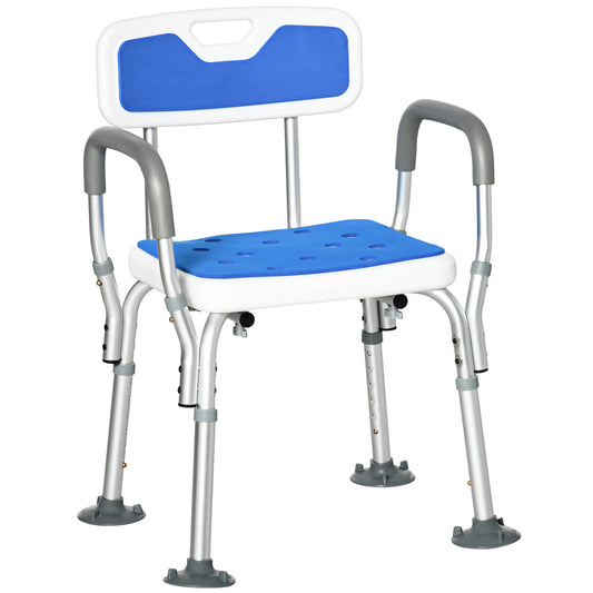 Photo of HOMCOM EVA Padded Shower Chair for the Elderly and Disabled, Height Adjustable Shower Stool with Back and Arms, 4 Suction Foot Pads, Blue in Blue colour on a white background