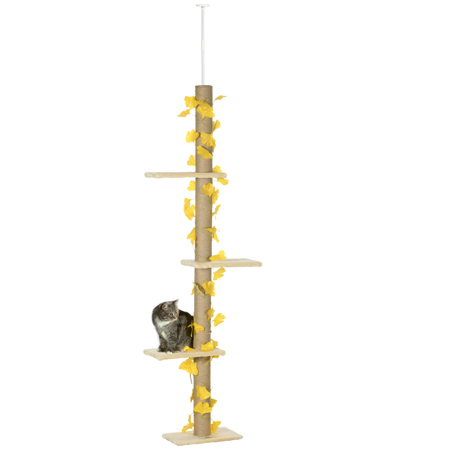 Photo of PawHut 242cm Adjustable Floor-To-Ceiling Cat Tree, with Artificial Decoration, Perches, Anti-Slip Kit - Yellow in Yellow colour on a white background