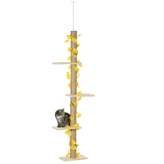 Photo of PawHut 242cm Adjustable Floor-To-Ceiling Cat Tree, with Artificial Decoration, Perches, Anti-Slip Kit - Yellow in Yellow colour on a white background