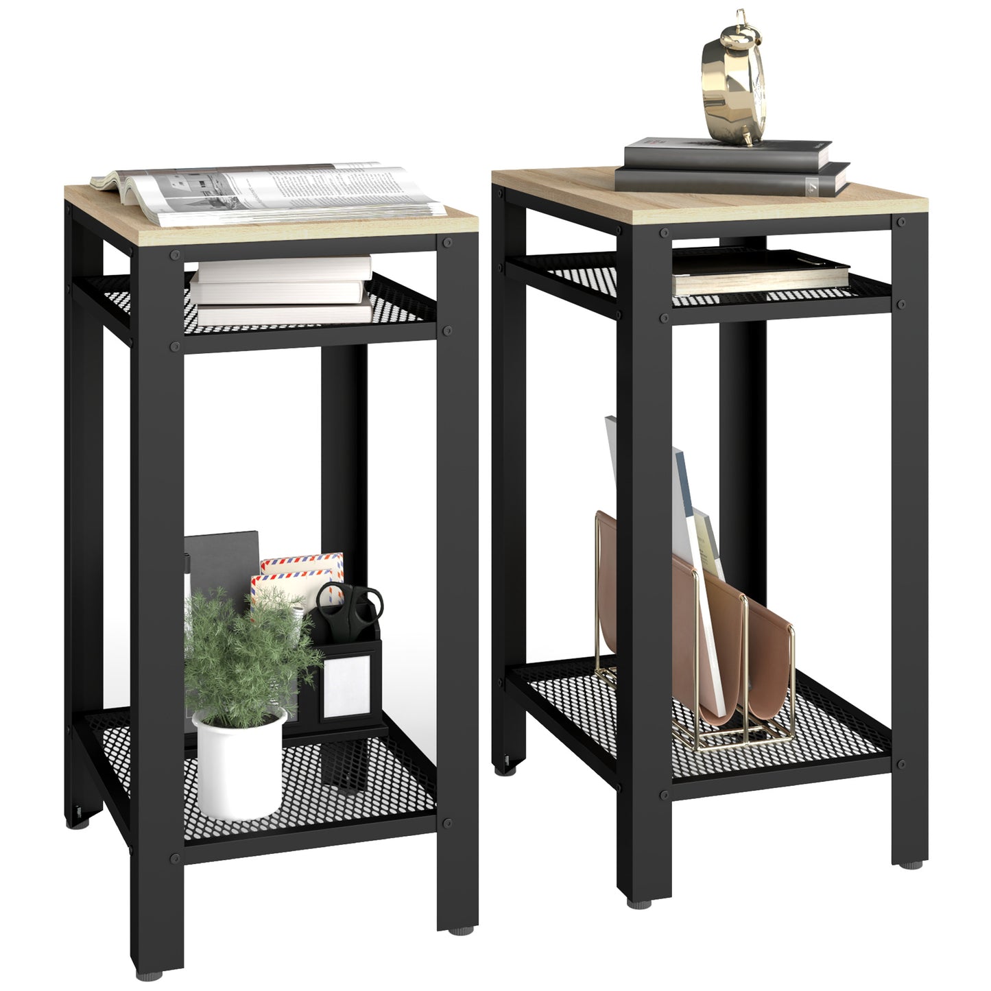 Photo of HOMCOM Tall Side Table Set of 2 with 3 Layer, 2 Shelves Storage Display Industrial-Style, Metal Frame, Bedside End Table for Living Room Bedroom, Oak and Black in Black colour on a white background