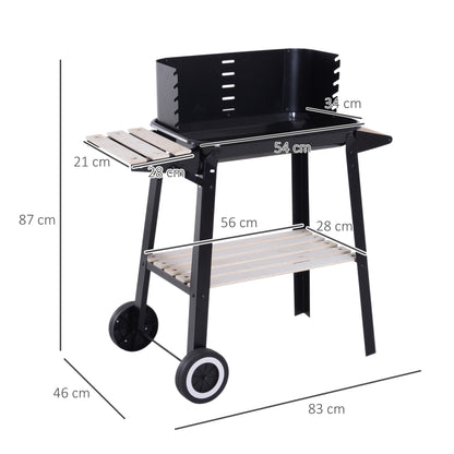 Outsunny charcoal barbecue grill with side trays, lower shelf, wheels and dimensions