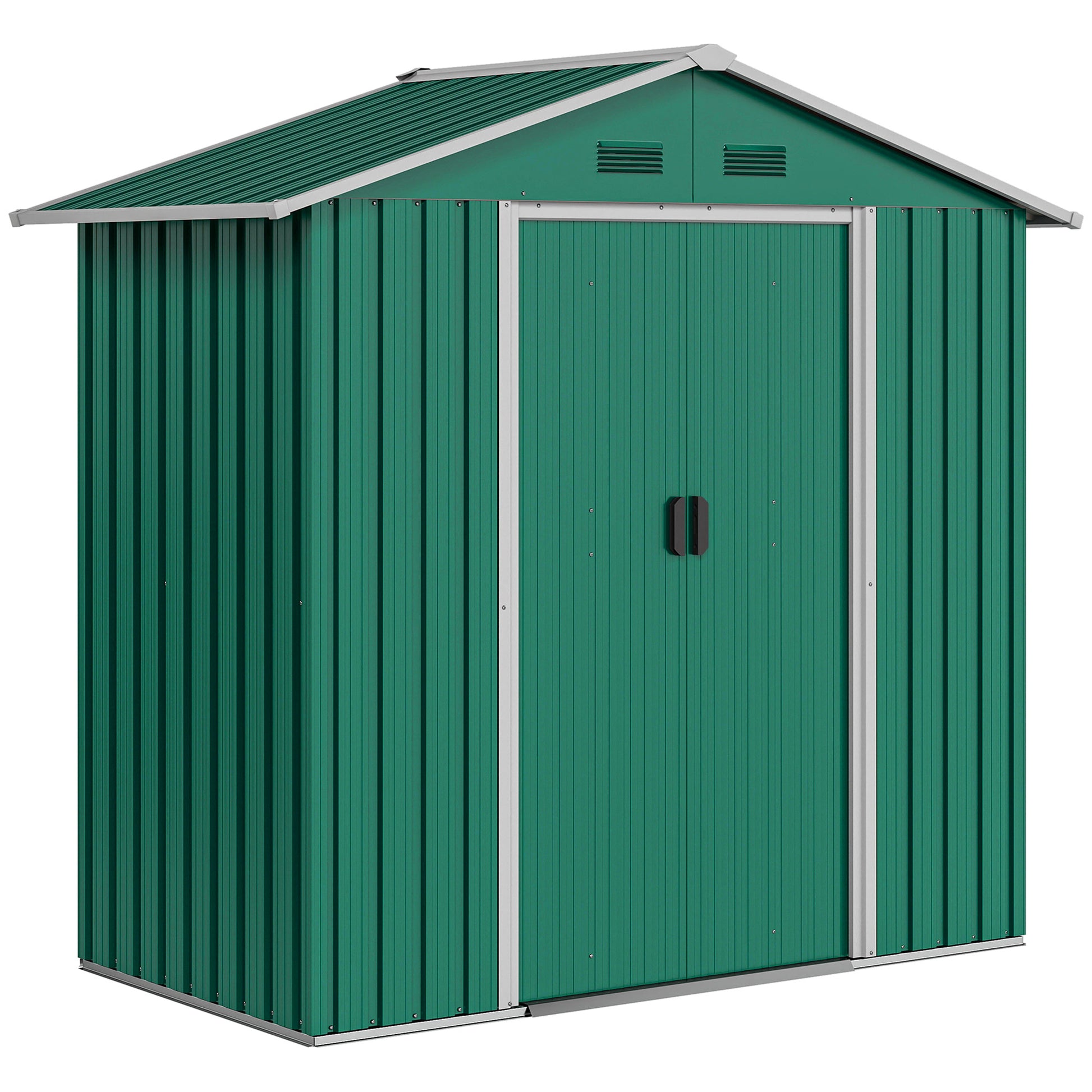 Photo of Outsunny 6.5ft x 3.5ft Metal Garden Storage Shed for Outdoor Tool Storage with Double Sliding Doors and 4 Vents, Green in Green colour on a white background