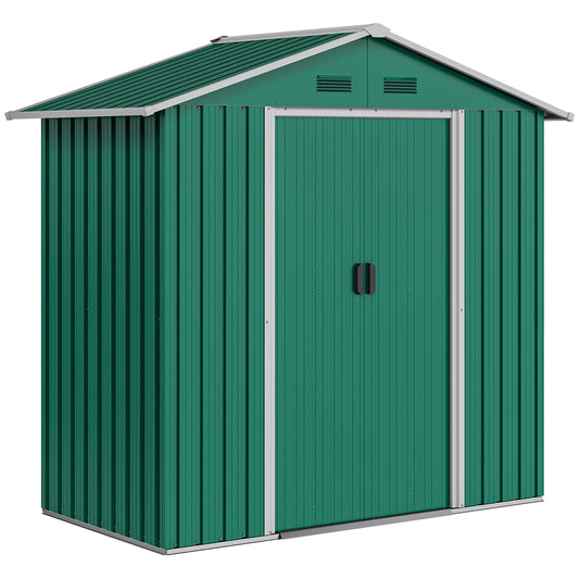 Photo of Outsunny 6.5ft x 3.5ft Metal Garden Storage Shed for Outdoor Tool Storage with Double Sliding Doors, Green in Green colour on a white background