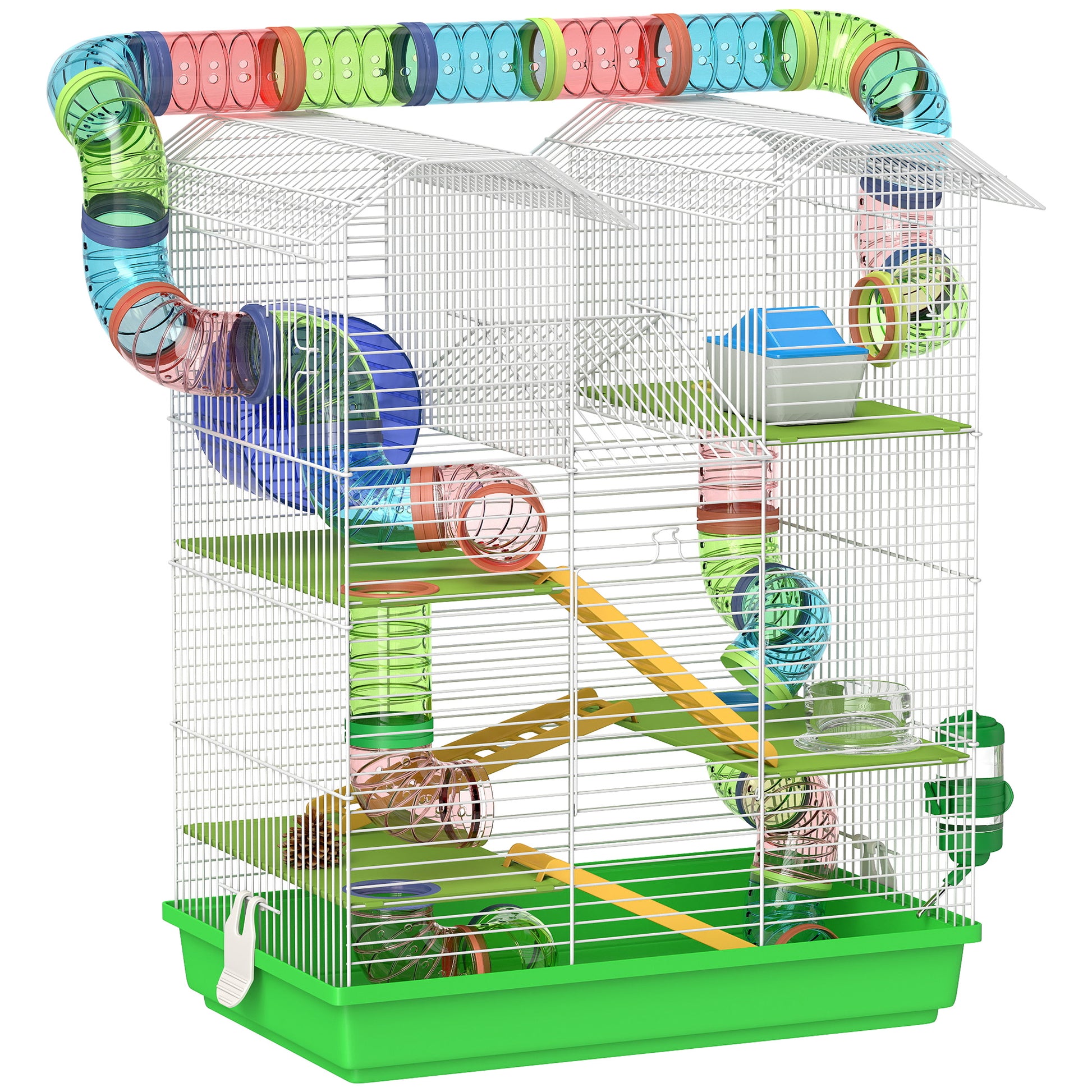 Photo of PawHut Hamster Cage, 5 Tier Carrier Habitat with Exercise Wheels Tunnel Tube Water Bottle Dishes House Ladder, Gerbil Cage for Dwarf Mice, Green in Green colour on a white background