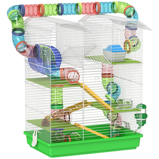 Photo of PawHut Hamster Cage, 5 Tier Carrier Habitat with Exercise Wheels Tunnel Tube Water Bottle Dishes House Ladder, Gerbil Cage for Dwarf Mice, Green in Green colour on a white background