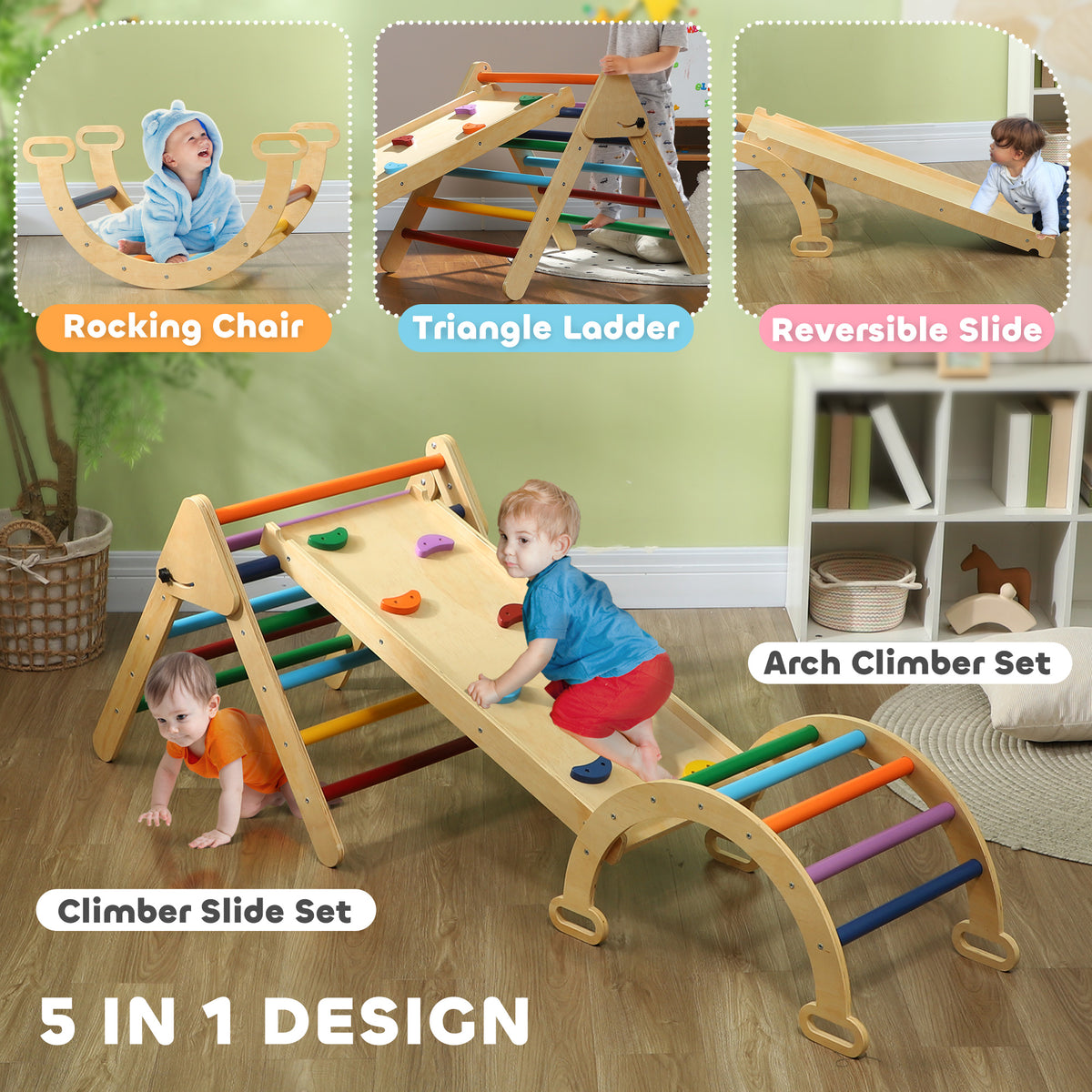 AIYAPLAY climbing frame shown as a rocking chair, ladder, slide, and arch climber