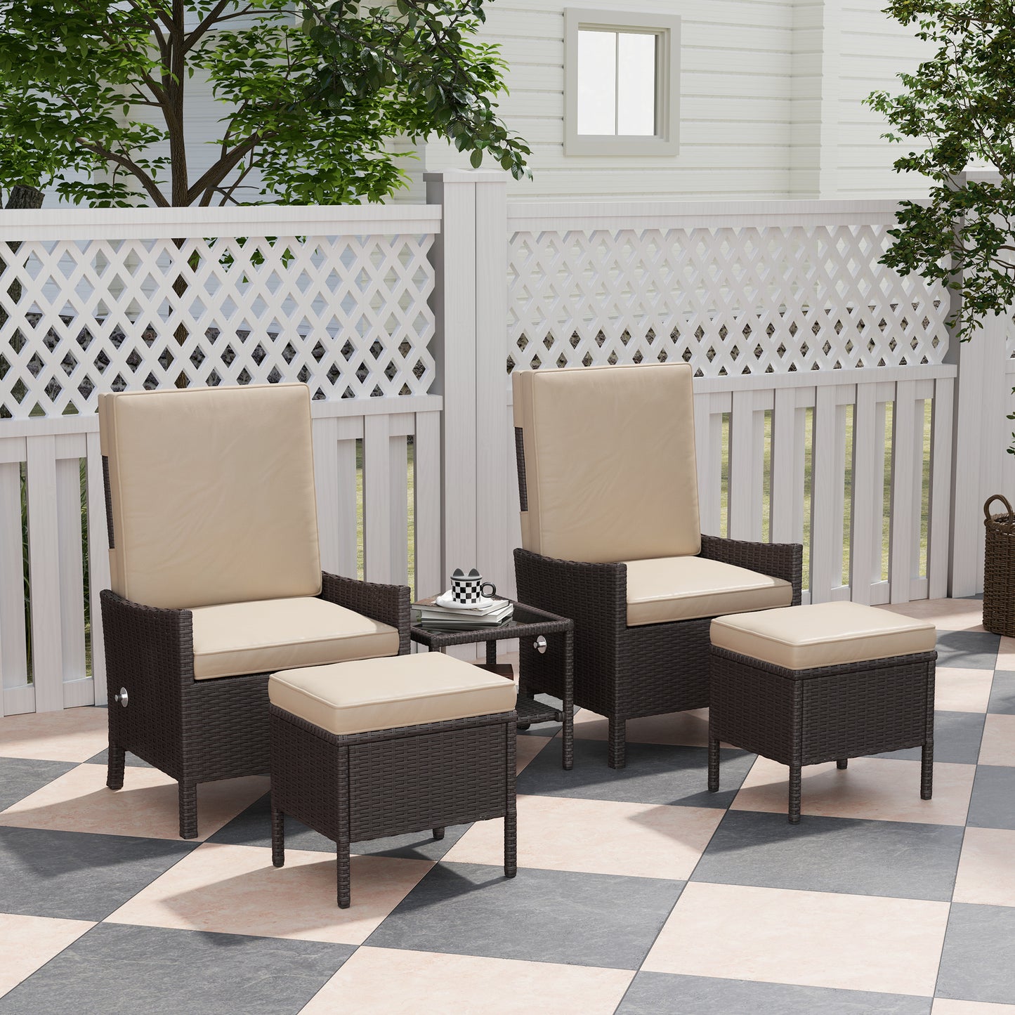 Outsunny 5 Piece Rattan Garden Furniture Set, Wicker Patio Sofa Set with 2 Armchairs, 2 Footstools, Glass Top Coffee Table with Shelf, Outdoor Furniture with Adjustable Backrests, Cushions, Khaki
