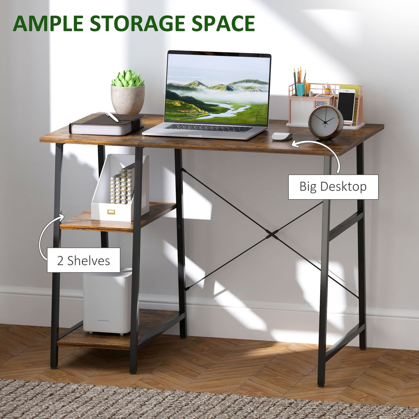 HOMCOM Industrial-Style Work Desk, with Shelves - Brown/Black