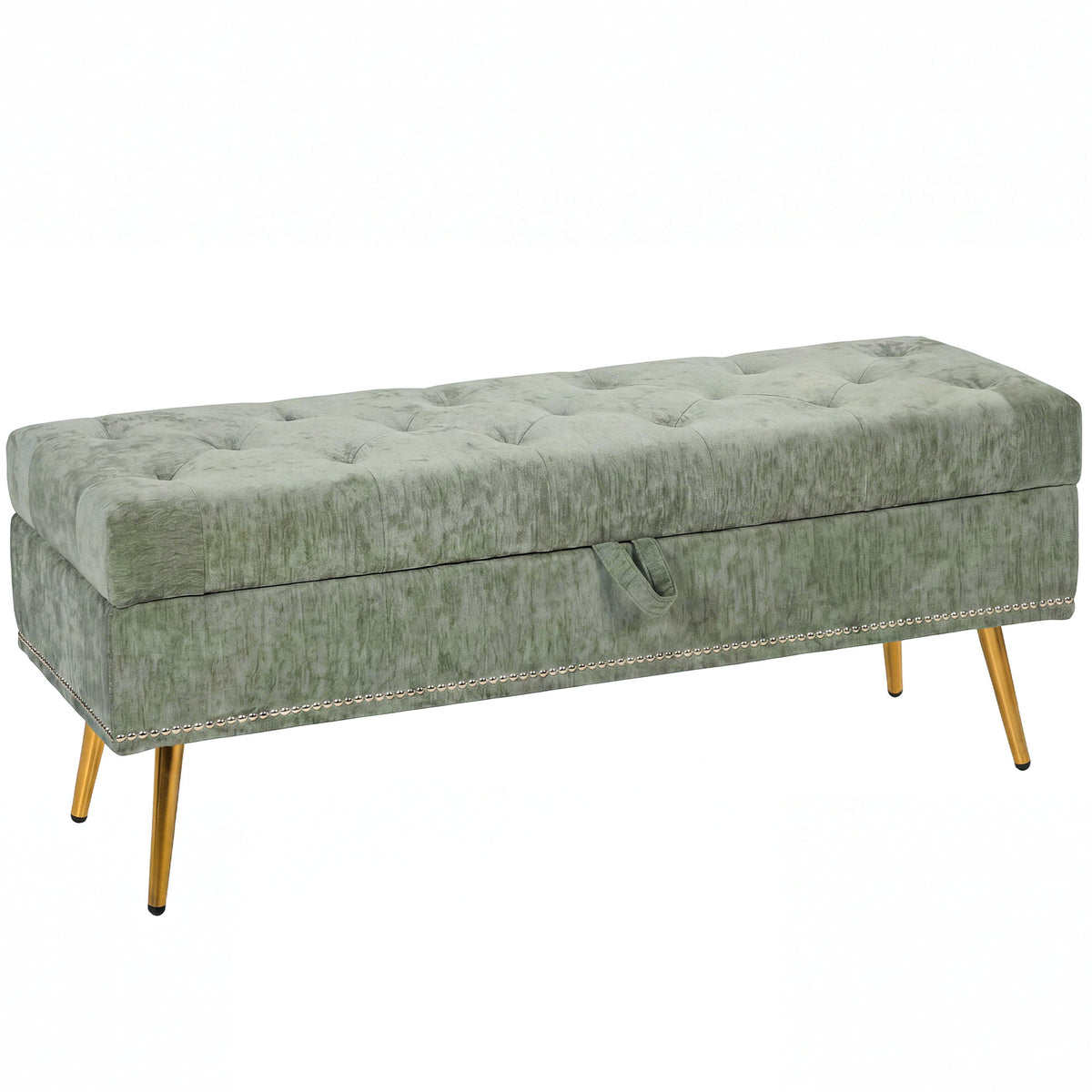 Photo of HOMCOM Storage Ottoman, Chenille Upholstered Ottoman Storage Box with Padded Seat, Metal Legs, 114 x 41 x 45 cm, Light Green in Green colour on a white background