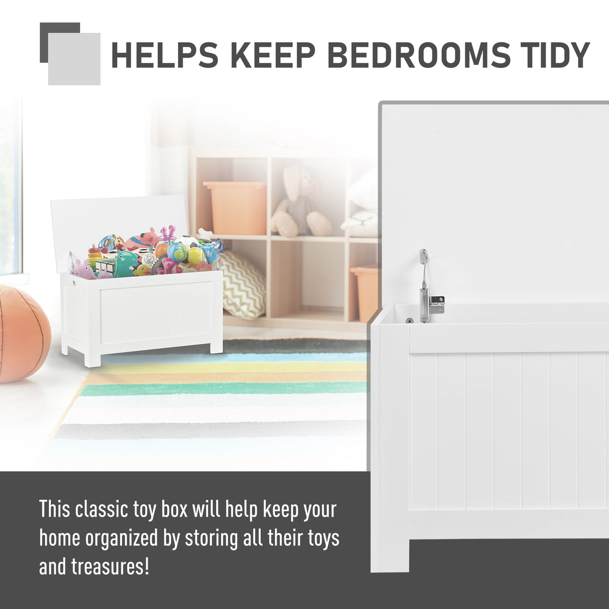 White toy storage chest shown open and filled with toys