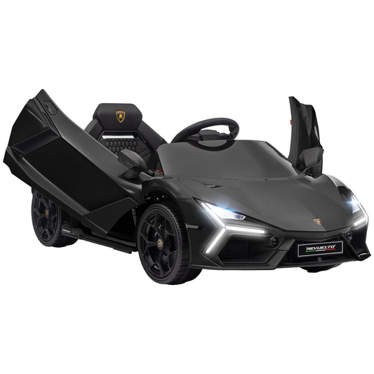 Photo of AIYAPLAY Lamborghini Revuelto Licensed 12V Ride on Car w/ Butterfly Doors, Transport Wheels, Suspension, Remote Control, Black in Black colour on a white background